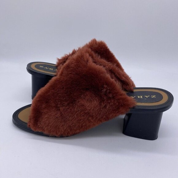Zara Faux Fur Block Heel Mules Womens Size 38 Slip On Open Toe Sandals Burnt Red - Picture 9 of 12
